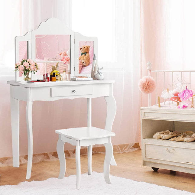 Costzon Kids Wooden Vanity Table & Stool Set with Two 180° Folding Mirror