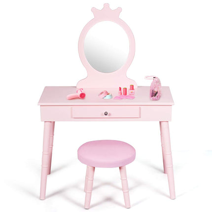 Costzon Kids Vanity Set, Wooden Princess Makeup Table with Cushioned Stool