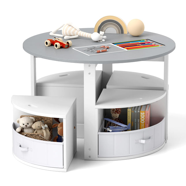 Costzon Kids Table and Chairs, 5 Pieces Wooden Round Children Nesting Table with 4 Storage Stools & 4 Fabric Drawers for Activity
