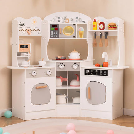 Costzon Corner Play Kitchen, Wooden Kids Kitchen Playset with Lights & Sound