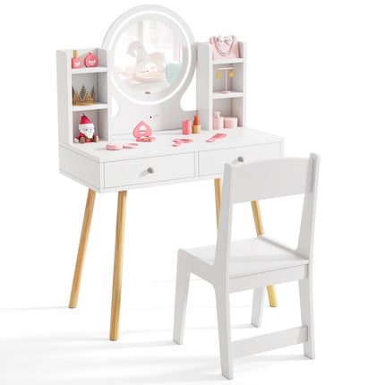 Costzon Kids Vanity, Girls Vanity Set with Mirror and Stool and Lights, Drawers, Storage Shelves