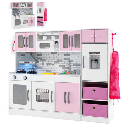 Costzon 2-Piece Kids Kitchen Playset, Wooden Play Kitchen with Water Circulation, Lights and Sounds