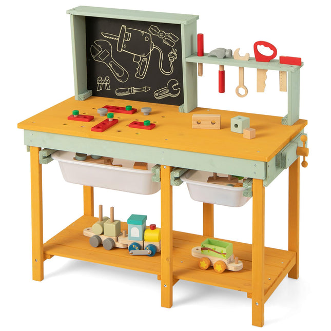Costzon Tool Bench for Kids, Wooden Pretend Workbench with Toy Tools and Accessories, Realistic Role Play Construction Building Tool Set