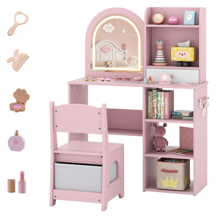 Costzon Wooden Kids Vanity Table and Chair Set with Mirror Hooks & Open Shelves