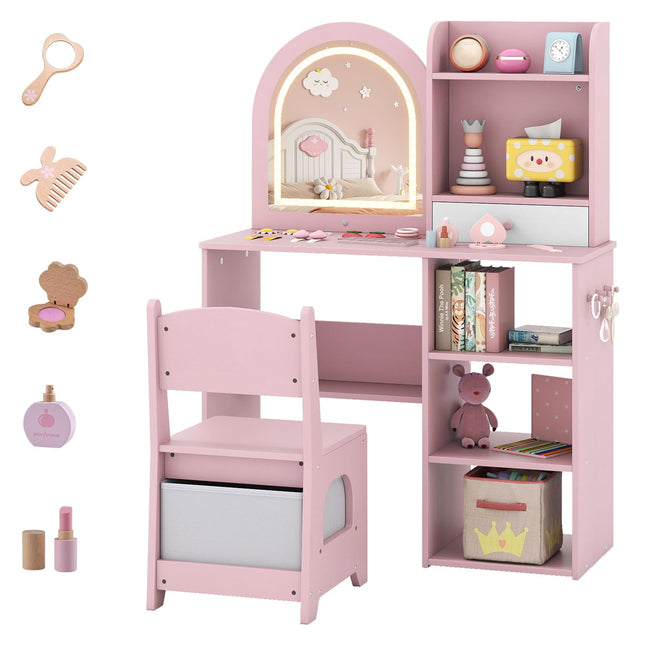 Costzon Wooden Kids Vanity Table and Chair Set with Mirror Hooks & Open Shelves