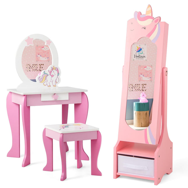 Costzon Kids Vanity & Jewelry Armoire Cabinet, Pretend Play Kids Vanity Table and Chair Set