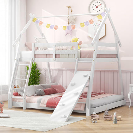 Costzon Twin Over Queen Bunk Bed, House Shaped Bed Frame with Climbing Nets and Ramp