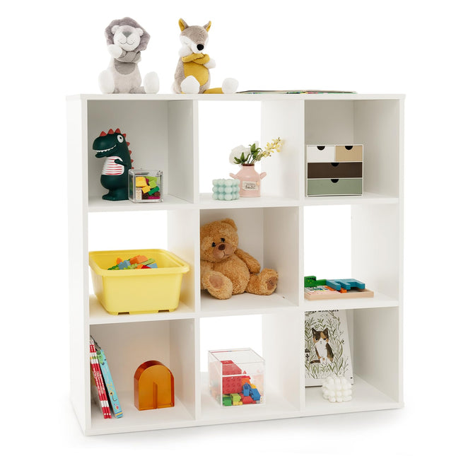 Costzon 9-Cube Toy Storage and Organizer, 4-Tier Wooden Kids Bookshelf, Toy and Book Storage Display Organization, Toddler Shelf