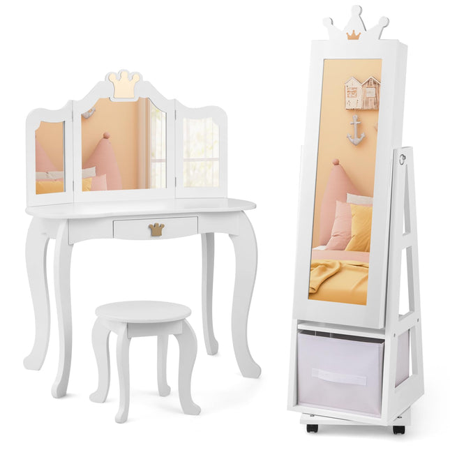 Costzon Kids Vanity & Jewelry Armoire Cabinet, Kids Vanity Table and Chair Set