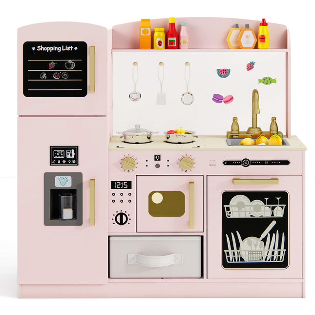 Costzon Kids Kitchen Playset, Wooden Pretend Play Kitchen with Lights and Sounds, Microwave