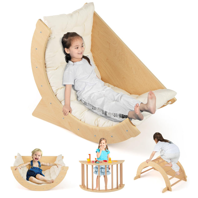 Costzon Kids Wooden Arch Rocker with Cushion, 6-in-1 Montessori Climbing Toys for Toddlers, Children Indoor Sensory Table
