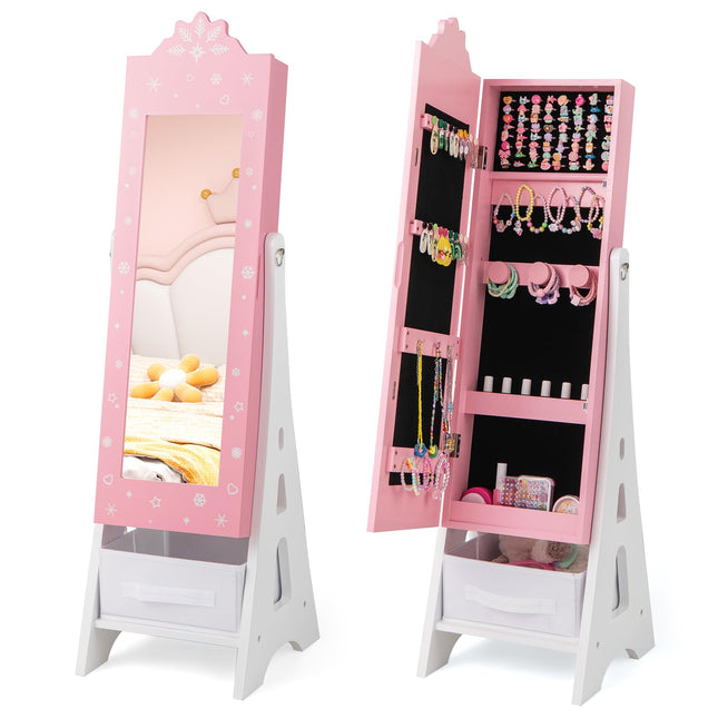 Costzon Kids Jewelry Armoire Cabinet, 43.5" Standing Jewelry Organizer with Full-Length Mirror