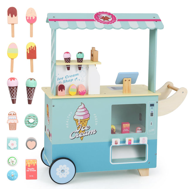 Costzon Ice Cream Cart Playset, Ice Cream Stand Push Cart with Vending Machine
