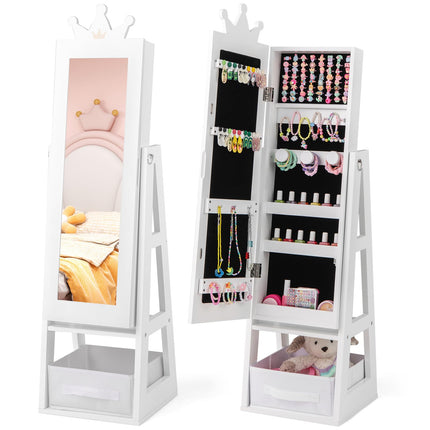Costzon Kids Jewelry Armoire, 45.5" Standing Jewelry Cabinet with Full-Length Mirror