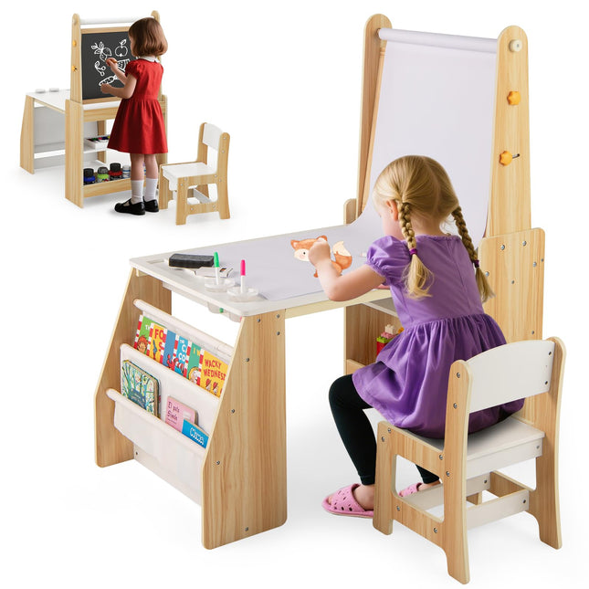 Costzon Kids Art Table and Chair Set 4 in 1 Wooden Easel Activity Desk Set w/Whiteboard