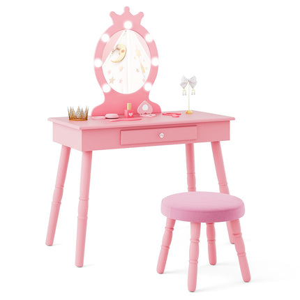 Costzon Kids Vanity, Girls Vanity Set with Mirror and Stool and Lights, Drawer, Pretend Play Kids Vanity Table and Chair Set