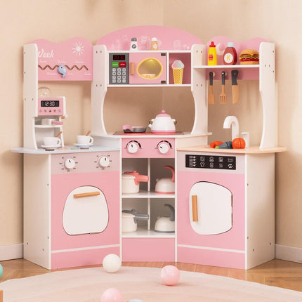 Costzon Corner Play Kitchen, Wooden Kids Kitchen Playset with Lights & Sound