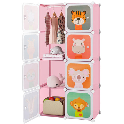 Costzon Kids Wardrobe Closet, Cartoon DIY Modular Dresser Storage Organizer with 8 Cubes & Clothes Hanging Section