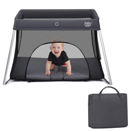 BABY JOY Baby Foldable Travel Crib, 2 in 1 Portable Playpen with Soft Washable Mattress, Side Zipper Design