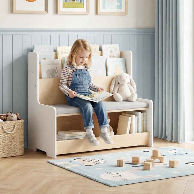 Costzon Kids Reading Nook with Bench Toy Storage Organizer Bookshelf