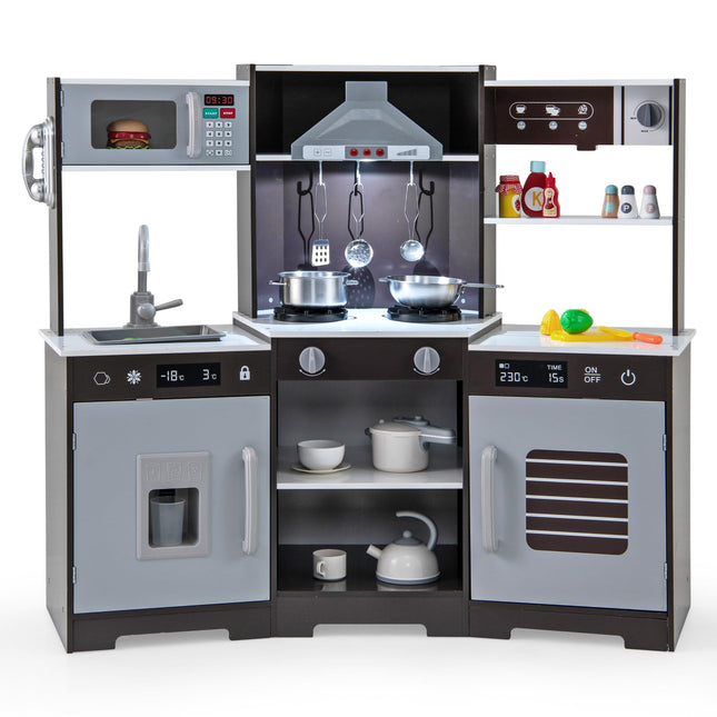 Costzon Corner Kids Kitchen Playset, Wooden Toy Kitchen Set with Range Hood