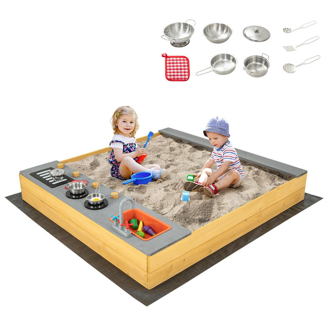 Costzon Kids Sandbox, Wooden Sand Pit w/Kitchen Playset Accessories, Water Faucet