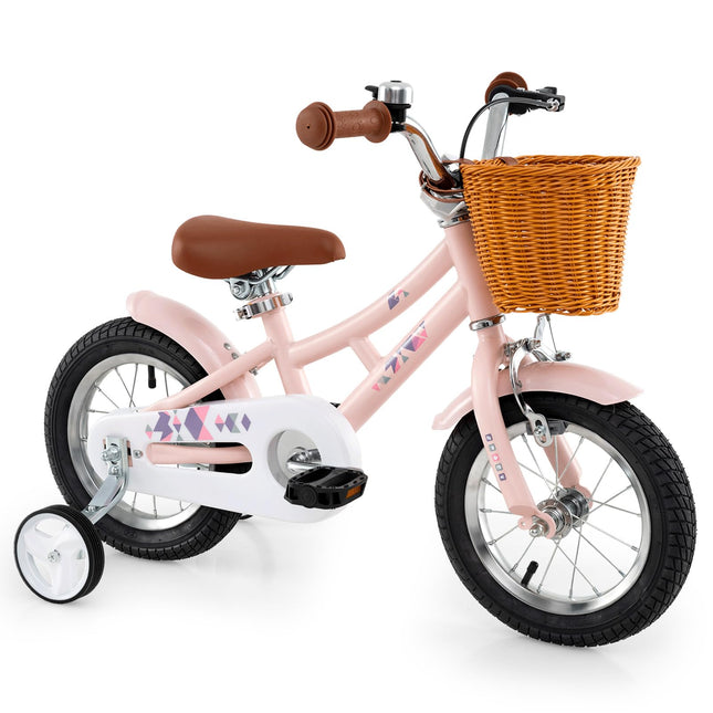 BABY JOY Retro Kids Bike, 12 Inch Child Bike w/Rattan Basket, 95% Pre-Assembled Kids Bicycle for Girls