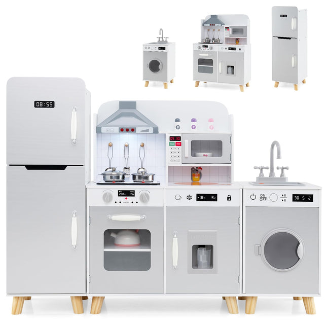 Costzon 3-Piece Play Kitchen for Kids, Wooden Toy Kitchen Set with Refrigerator