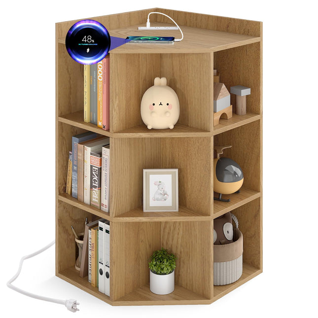 Costzon Kids Corner Toy Storage Organizer, 3-Tier Corner Cabinet w/USB Ports and Outlets, 9 Cubbies for Toys