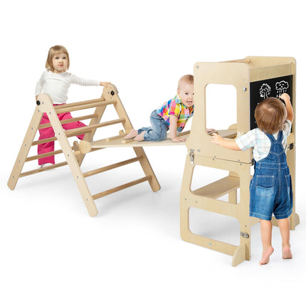 Costzon Climbing Toys for Toddlers with Kids Table and Chair Set, Foldable Montessori Wooden Climber Ladder
