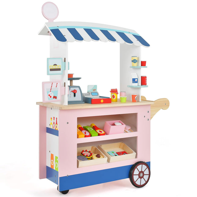 Costzon Wooden Grocery Cart, Kids Pretend Role Play Market Stand with Play Food