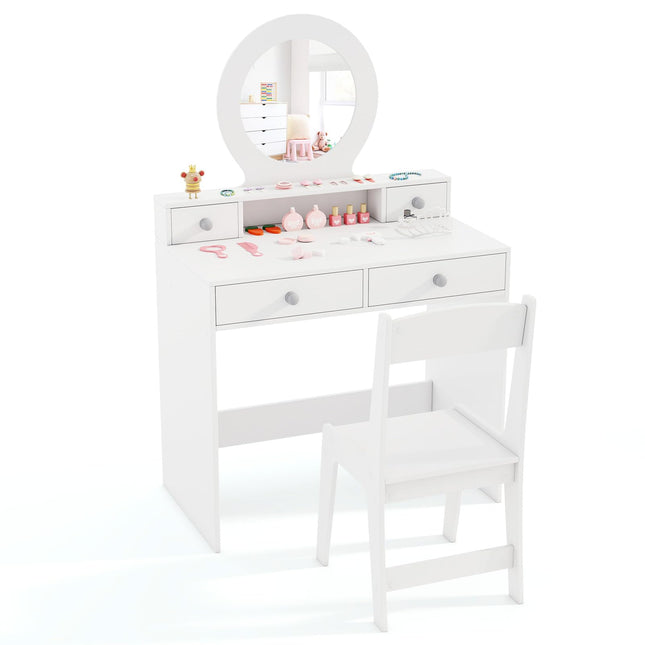 Costzon Kids Vanity, Princess Makeup Dressing Desk with Mirror and Stool, 4 Storage Drawers