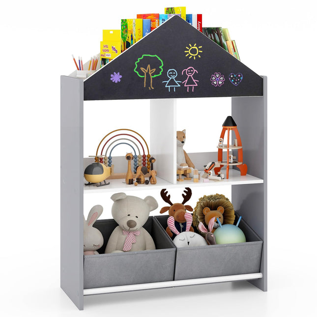 Costzon Kids Bookshelf, Wooden Dollhouse Bookcase with Blackboard, Whiteboard