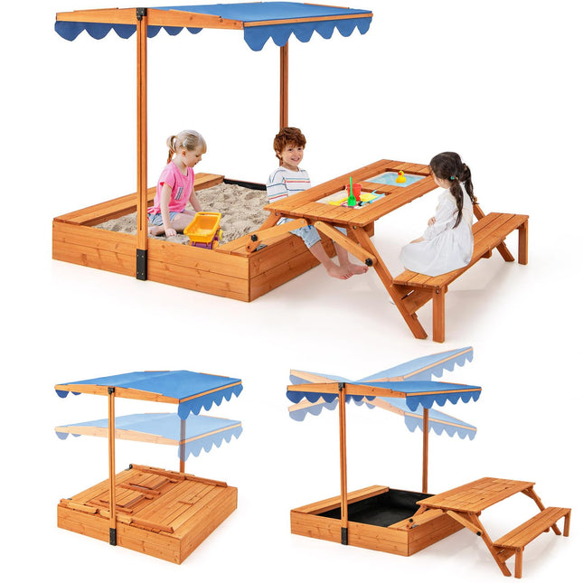 Costzon Wooden Sand Pit with Foldable Picnic Sensory Table