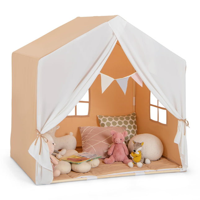 Costzon Large Kids Tent with Mat, Children's Play Tent w/Flag Banner, Windows, Gauze Curtain