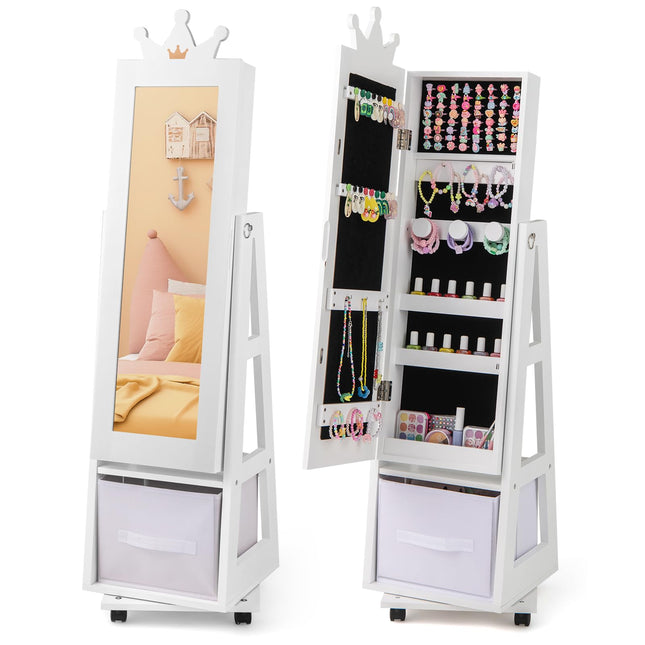Costzon Kids Jewelry Armoire, 360° Swivel Jewelry Cabinet with Full Length Mirror