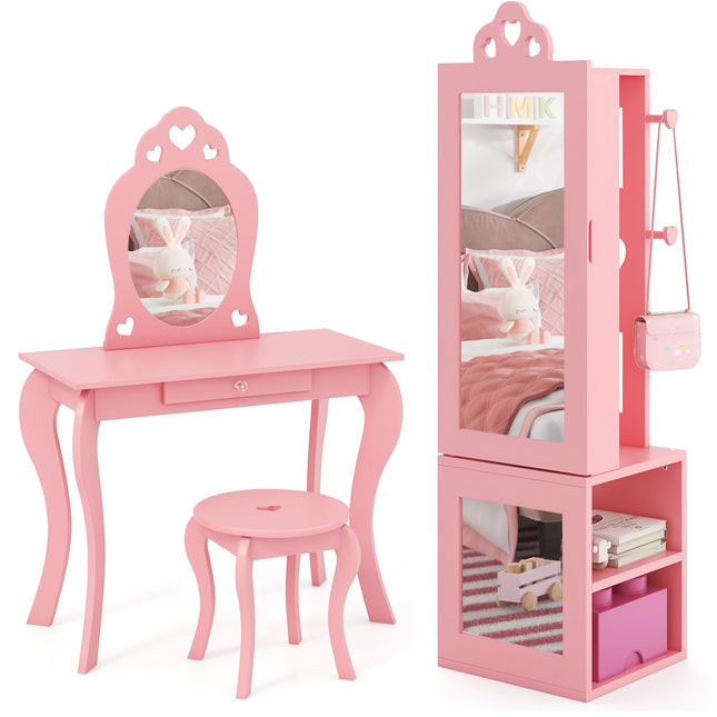 Costzon Kids Vanity & Jewelry Armoire Cabinet, Wooden Kids Vanity Table and Chair Set