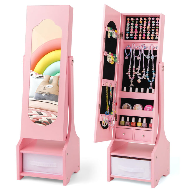 Costzon Kids Jewelry Armoire Cabinet, 41.5” Standing Jewelry Organizer with Full-Length Mirror