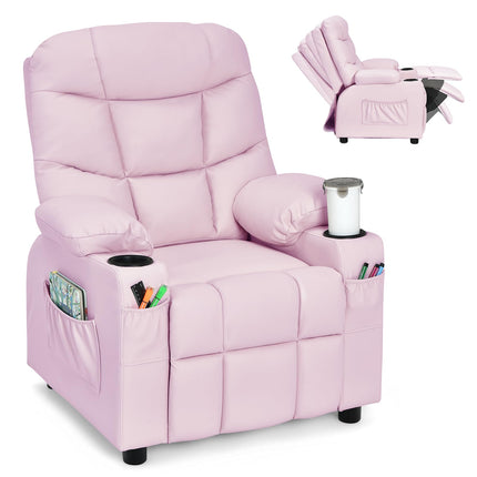 Costzon Kids Recliner Chair with Cup Holder, Adjustable Leather Lounge Chair w/Footrest & Side Pockets for Children