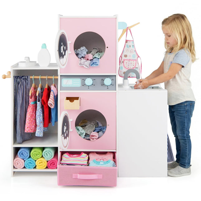 Costzon Kids Washer and Dryer Playset | Toddler Wooden Pretend Laundry Play Set