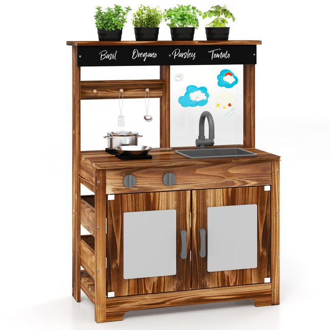 Costzon Fir Wood Outdoor Play Kitchen with 4 Planting Pots