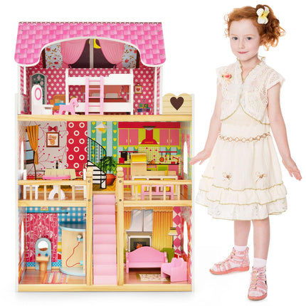 Costzon Dollhouse, Toy Family House with 15 pcs Furniture, DIY Pretend Doll House
