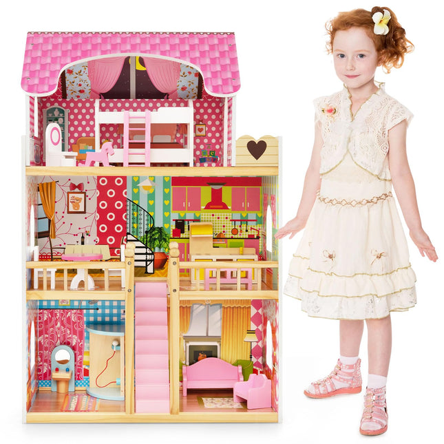 Costzon Dollhouse, Toy Family House with 15 pcs Furniture, DIY Pretend Doll House