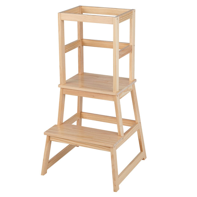 Costzon Kids Kitchen Step Stool with Safety Rail, 2 in 1 Solid Wood Montessori Learning Stool Standing Helper