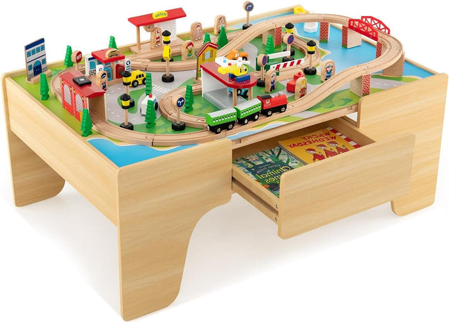 Costzon Train Table, 3-in-1 Wooden Train Set Table with Reversible 84 PCS Track Train Toys, Kids Activity Table for Toddlers