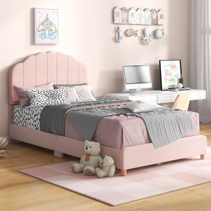 Costzon Twin Bed Frames with Adjustable Headboard, Upholstered Wooden Kids Bed w/Slats Support (Pink Shell)