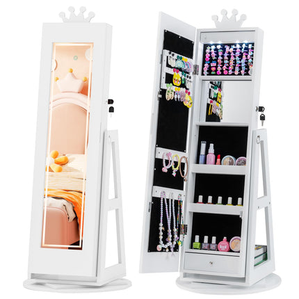 Costzon Kids Jewelry Armoire with LED Lights Lockable Standing Jewelry Organizer
