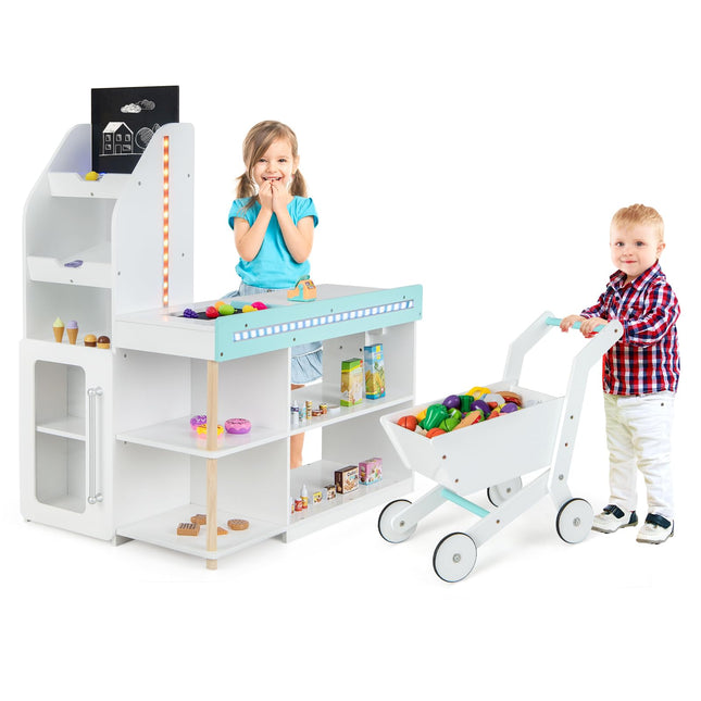 Costzon Pretend Grocery Store Playset, Wooden Supermarket Toy Set with Shopping Cart