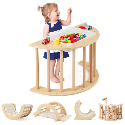 Costzon Kids Wooden Arch Rocker with Cushion, 6-in-1 Montessori Climbing Toys for Toddlers, Indoor Sensory Table