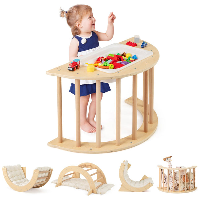 Costzon Kids Wooden Arch Rocker with Cushion, 6-in-1 Montessori Climbing Toys for Toddlers, Indoor Sensory Table